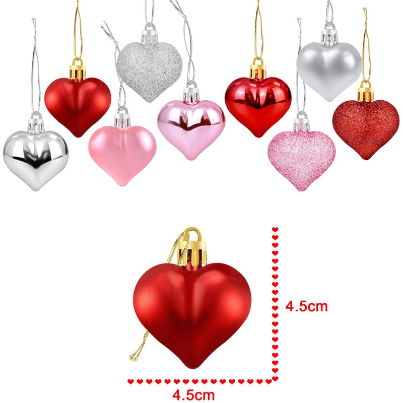 Partyprops 36Pcs Valentines Heart Shaped Ornaments - Valentines Heart Decorations - Red Pink Silver Glitter Heart Shaped Baubles - Romantic Christmas Valentines Tree Hanging Decorations - Image 2